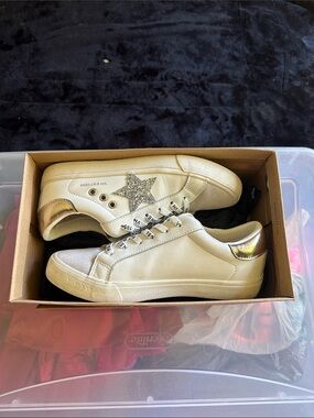 Vintage Havana Cream Sneakers with Silver Glitter Star and Gold Heel Accent